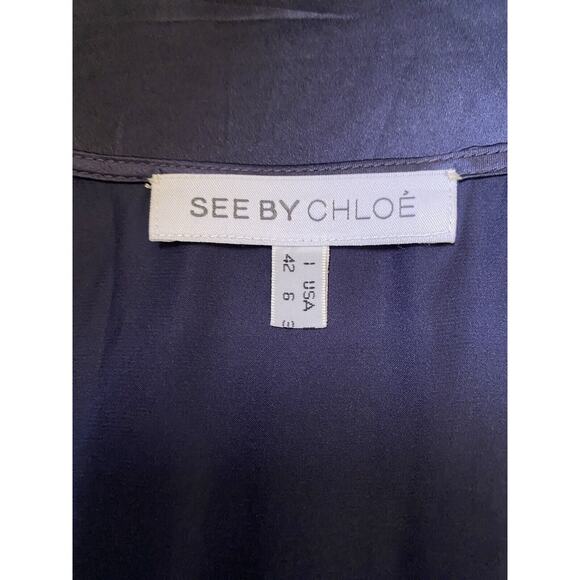 See By Chloe Silk Dress Satin Blue Navy V Neck Short Flutter Sleeve Eyel… - Picture 9 of 9